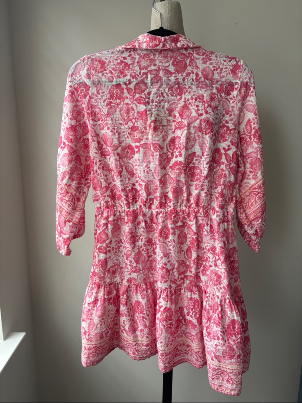 Zara Dress Womens Medium Pink White Floral V-Neck Tiered Tunic Ballon Sleeve - Picture 6 of 7